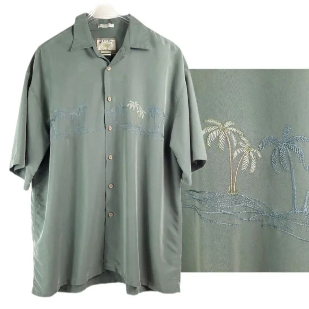 VTG 80s 90s Hibiscus Hawaii Green Embroidered Palm Trees Hawaiian Camp Shirt L